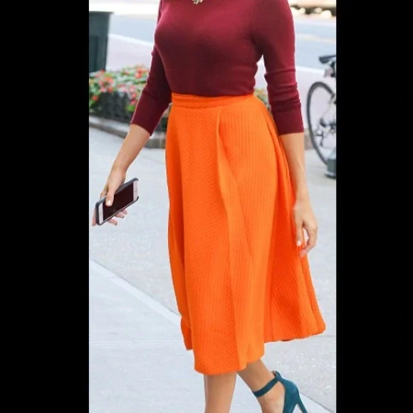 New York & Company Eva Mendes Clare Full Skirt Orange Woven Textured Skirt - Picture 17 of 17